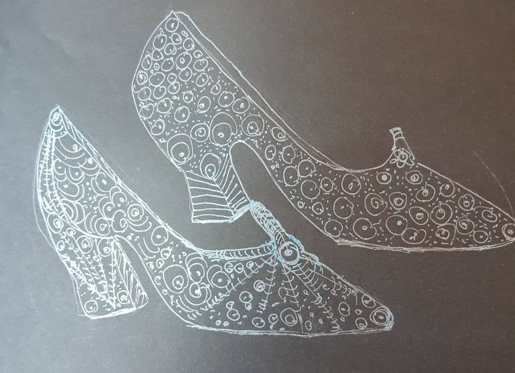 Für Cinderella Gläserne Schuhe, Gisela Kentmann, Federzeichnung