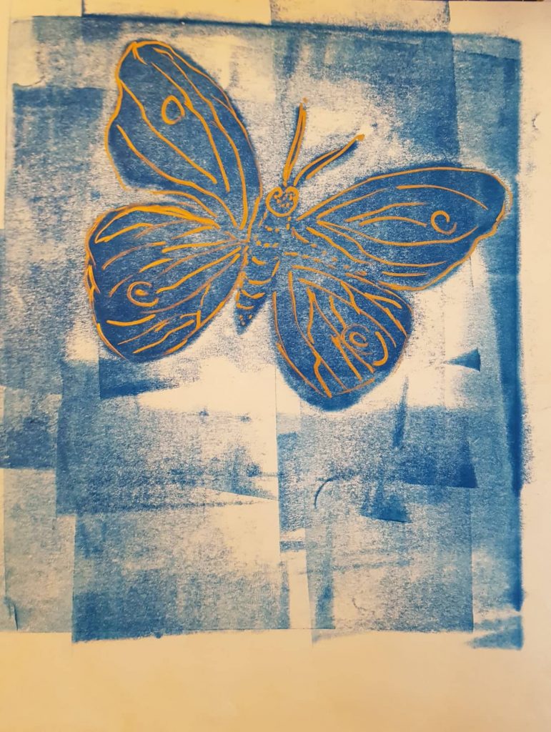 Papillon bleu Beauté ephémère Technik Monotypie:Federzeichnung, Gisela Kentmann